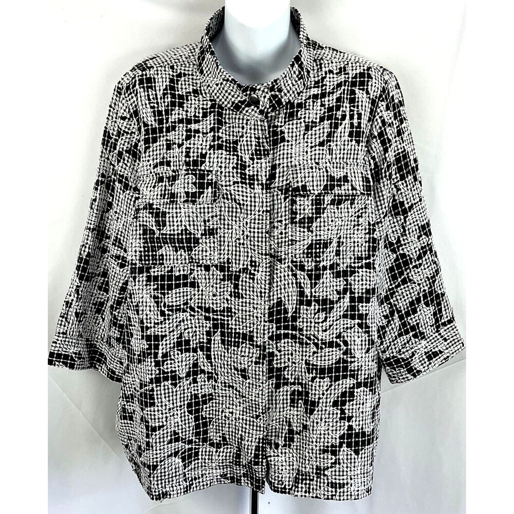 CJ Banks Jacket Shacket IX BIK/wht Floral Cut out 314 sleeves Pockets Mock Neck